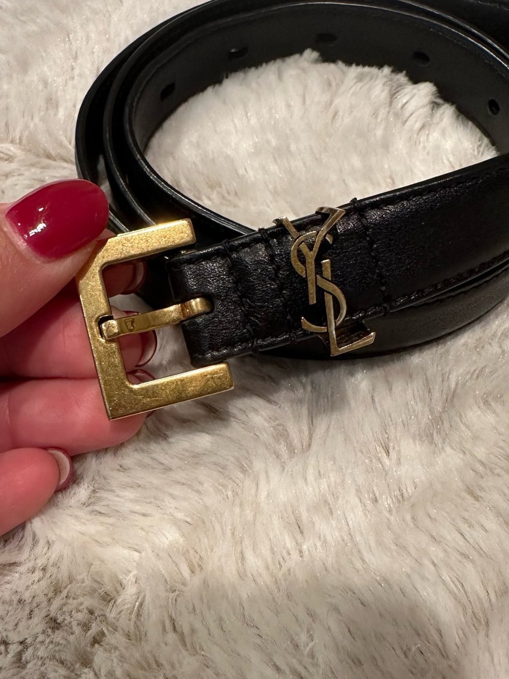 Authentic Saint Laurent Black Leather Belt with Gold YSL Hardware